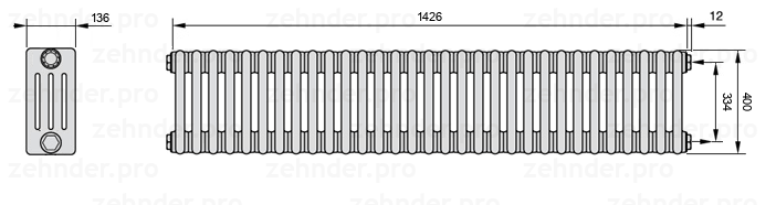Схема (чертеж) Радиатор Zehnder Charleston 4040/31 №7610 Белый глянцевый RAL 9016
